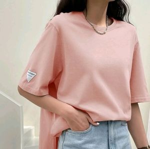 Dazy Letter Patched Detail Split Hem Drop Shoulder Tee pink T with slit
